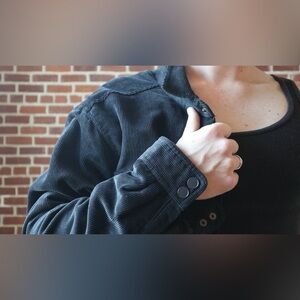 Large - Black Corduroy Button down Coat - Winter-proof